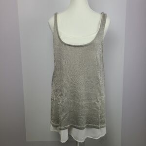 Alyx beige & silver metallic 2 tone high low sleeveless blouse, Sz L (PTP 18")